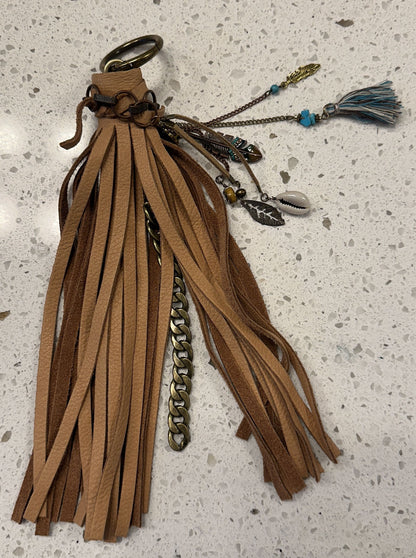 Handmade Tan Leather Western Bag Charm with Brass Hardware & Southwestern Accents