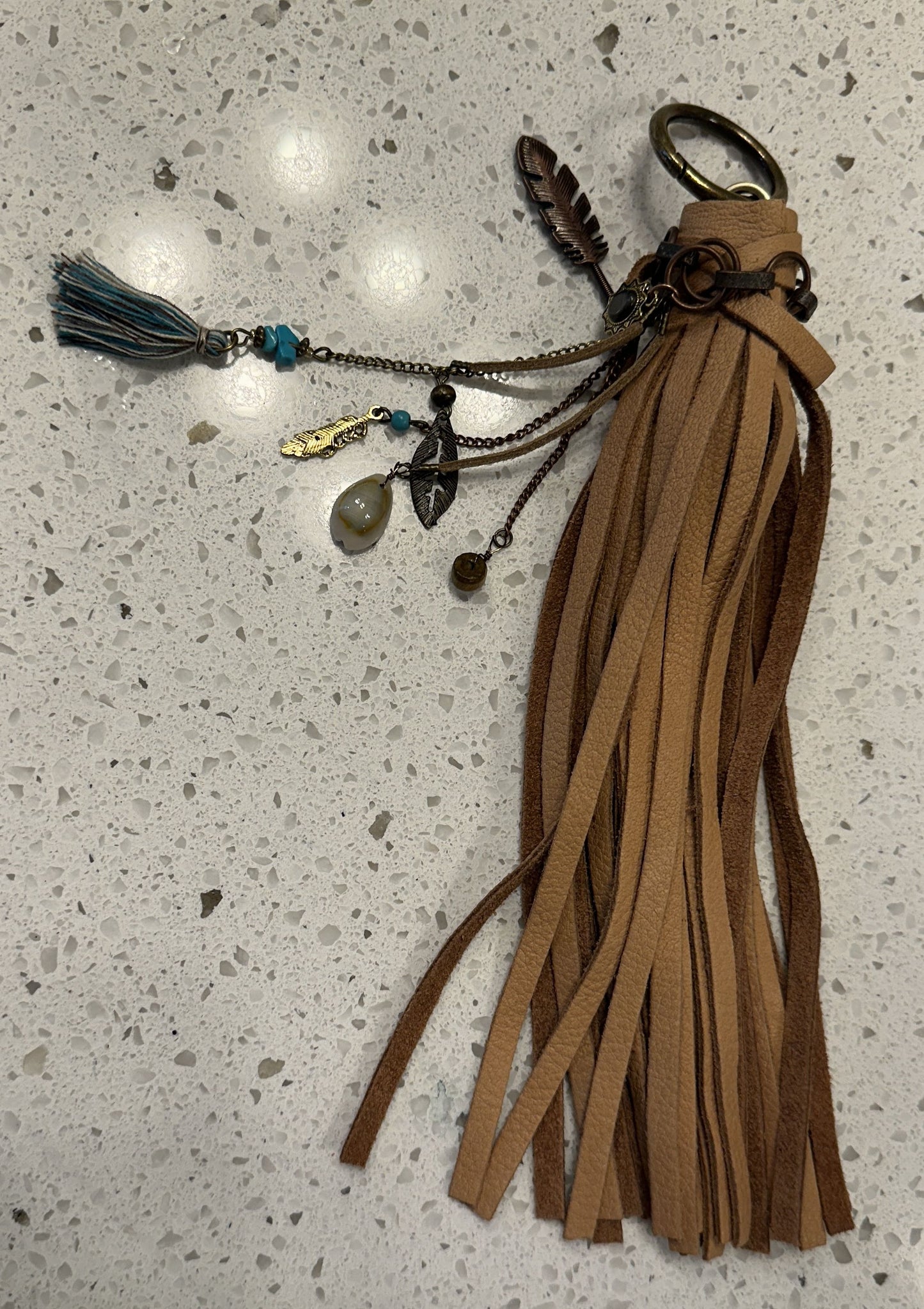 Handmade Tan Leather Western Bag Charm with Brass Hardware & Southwestern Accents