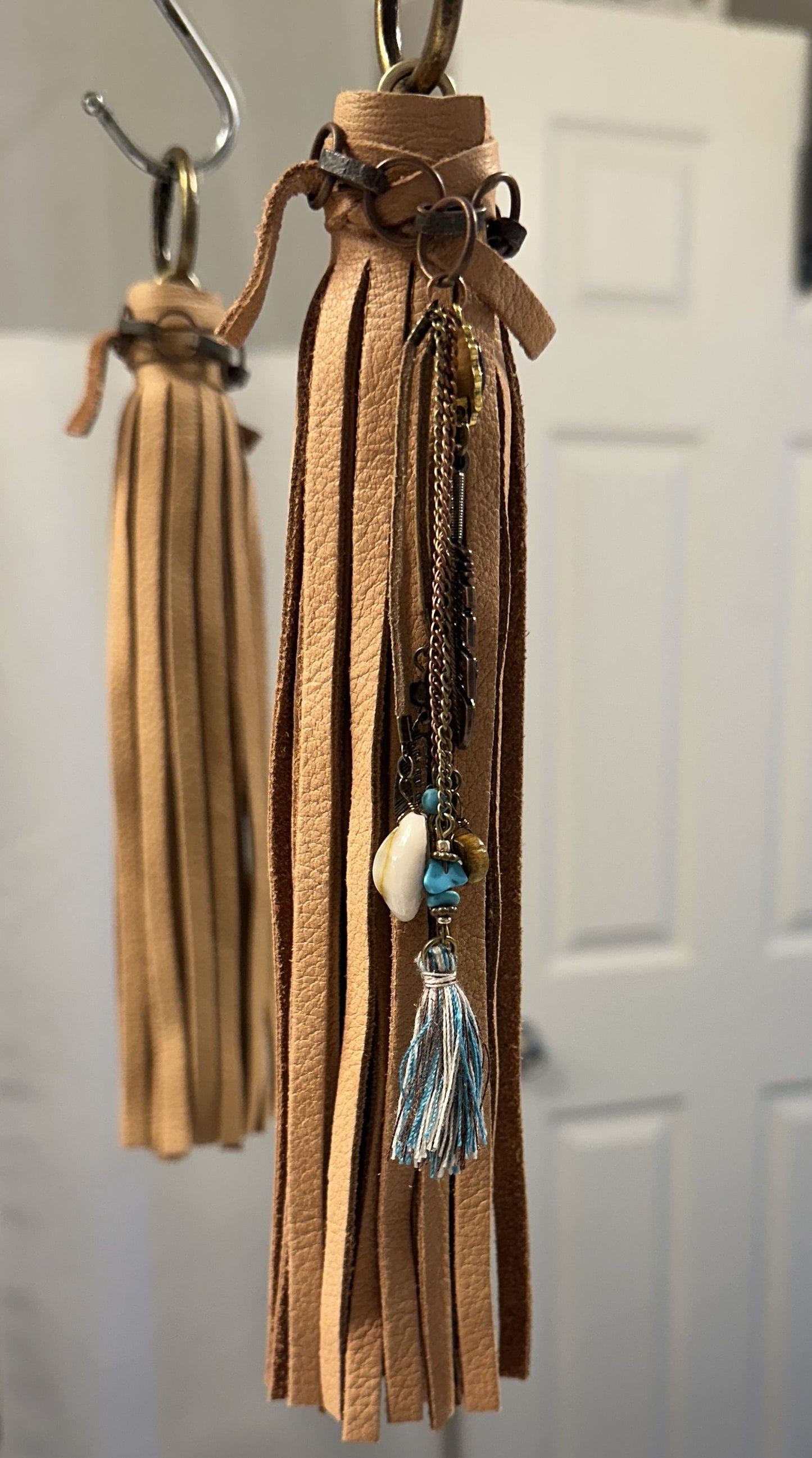 Handmade Tan Leather Western Bag Charm with Brass Hardware & Southwestern Accents