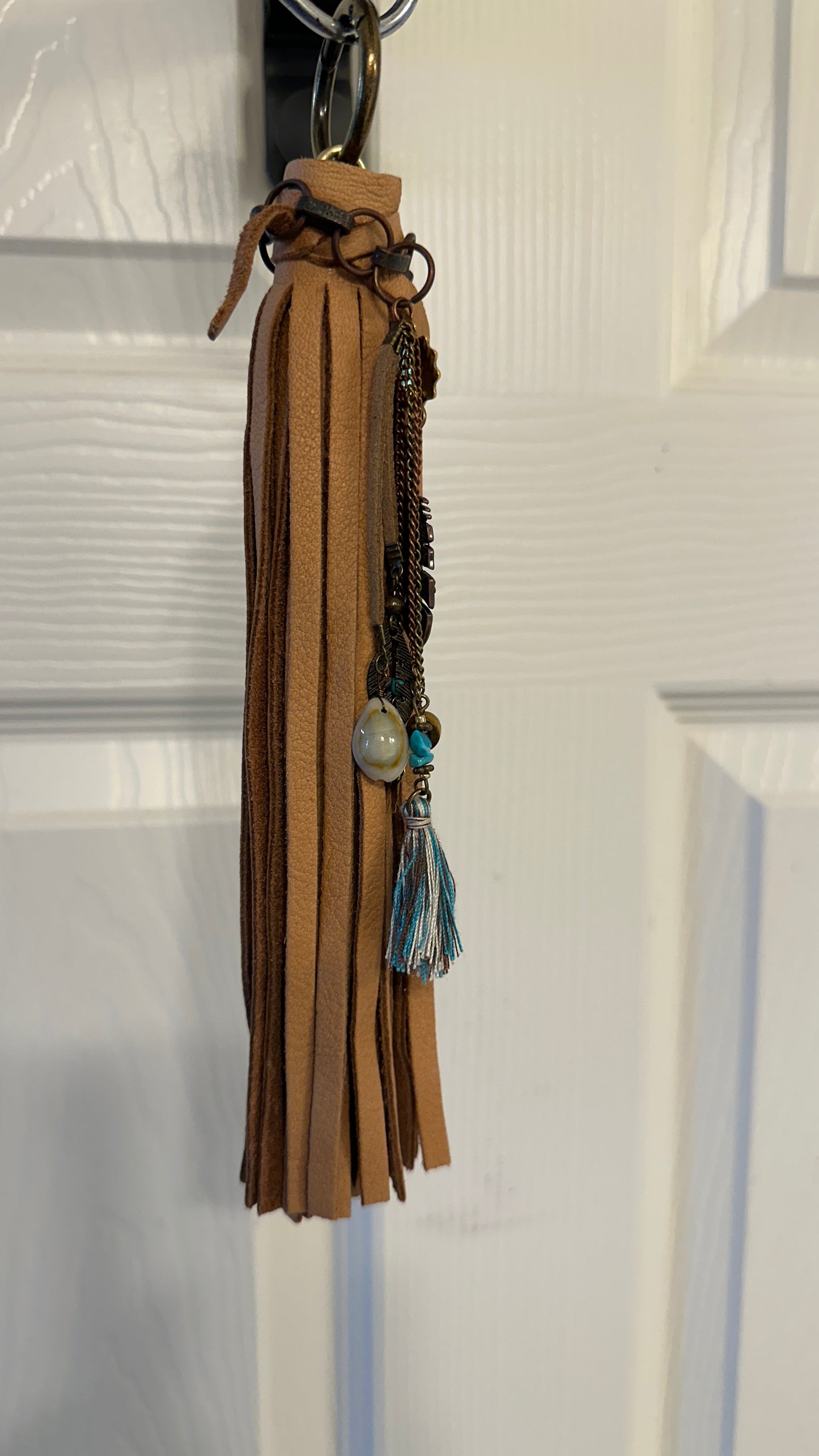 Handmade Tan Leather Western Bag Charm with Brass Hardware & Southwestern Accents