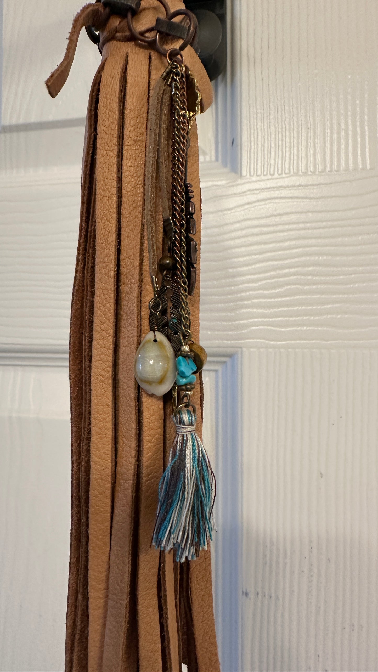 Handmade Tan Leather Western Bag Charm with Brass Hardware & Southwestern Accents