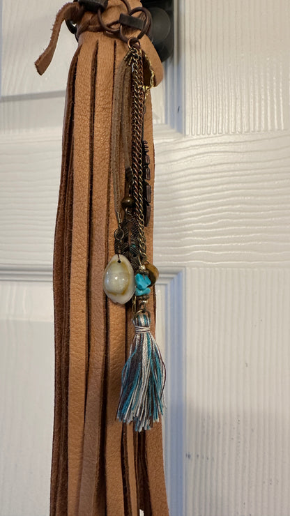 Handmade Tan Leather Western Bag Charm with Brass Hardware & Southwestern Accents