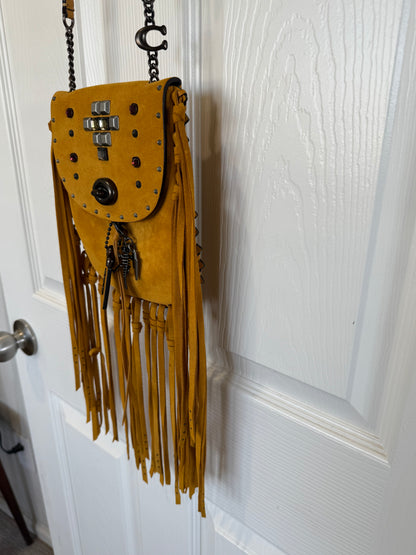 Coach Mustard Yellow Suede Fringe Saddle Crossbody Bag with original charm- EUC Pre-loved