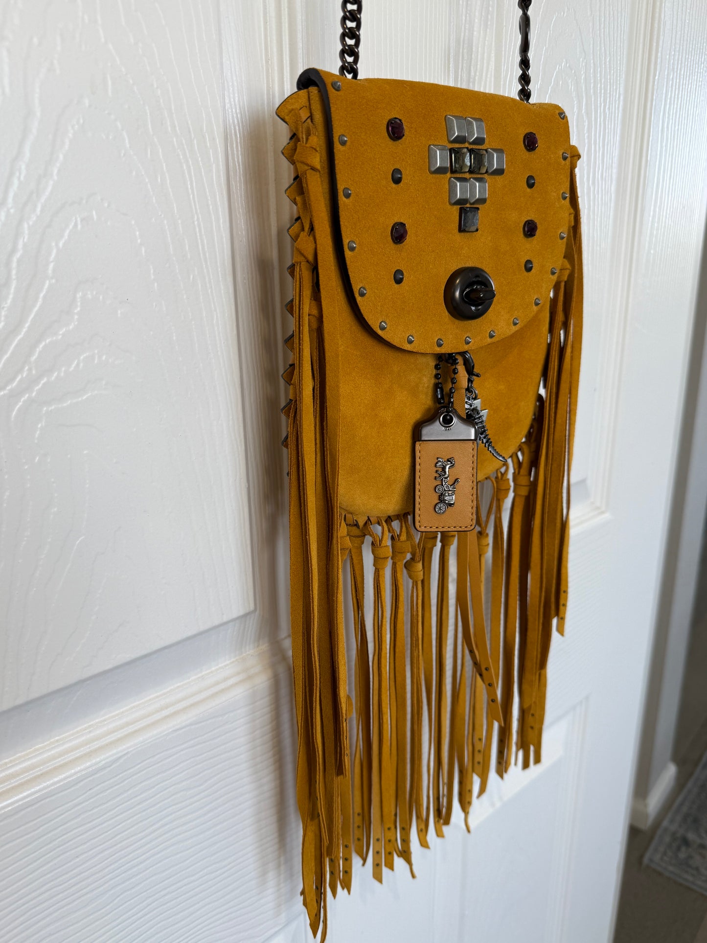 Coach Mustard Yellow Suede Fringe Saddle Crossbody Bag with original charm- EUC Pre-loved