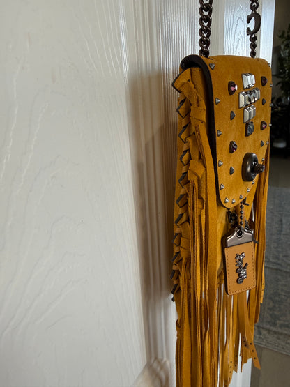 Coach Mustard Yellow Suede Fringe Saddle Crossbody Bag with original charm- EUC Pre-loved