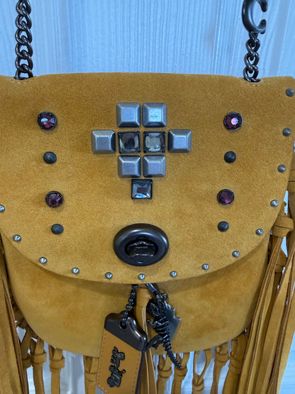 Coach Mustard Yellow Suede Fringe Saddle Crossbody Bag with original charm- EUC Pre-loved