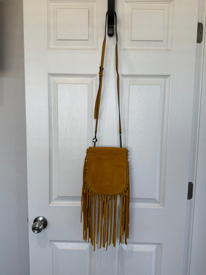 Coach Mustard Yellow Suede Fringe Saddle Crossbody Bag with original charm- EUC Pre-loved
