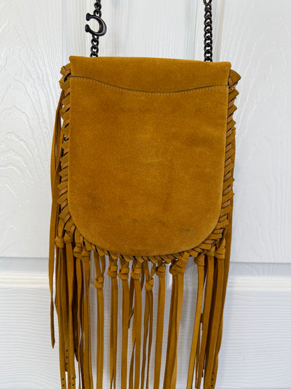 Coach Mustard Yellow Suede Fringe Saddle Crossbody Bag with original charm- EUC Pre-loved