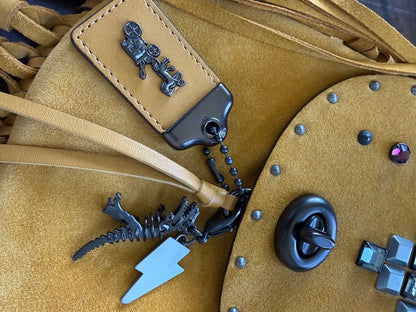 Coach Mustard Yellow Suede Fringe Saddle Crossbody Bag with original charm- EUC Pre-loved