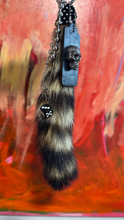 Faux Fur Raccoon Tail & Upcrafted Coach Hangtag Bag Charm Cluster