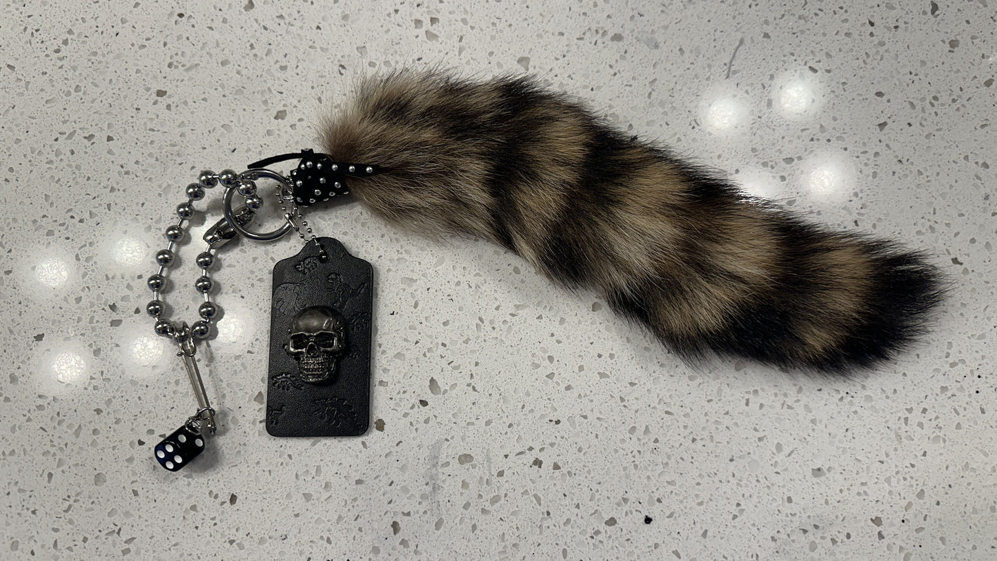 Faux Fur Raccoon Tail & Upcrafted Coach Hangtag Bag Charm Cluster