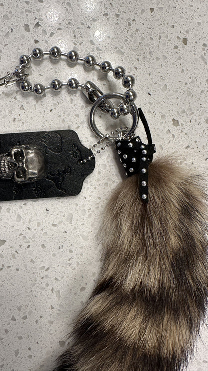 Faux Fur Raccoon Tail & Upcrafted Coach Hangtag Bag Charm Cluster