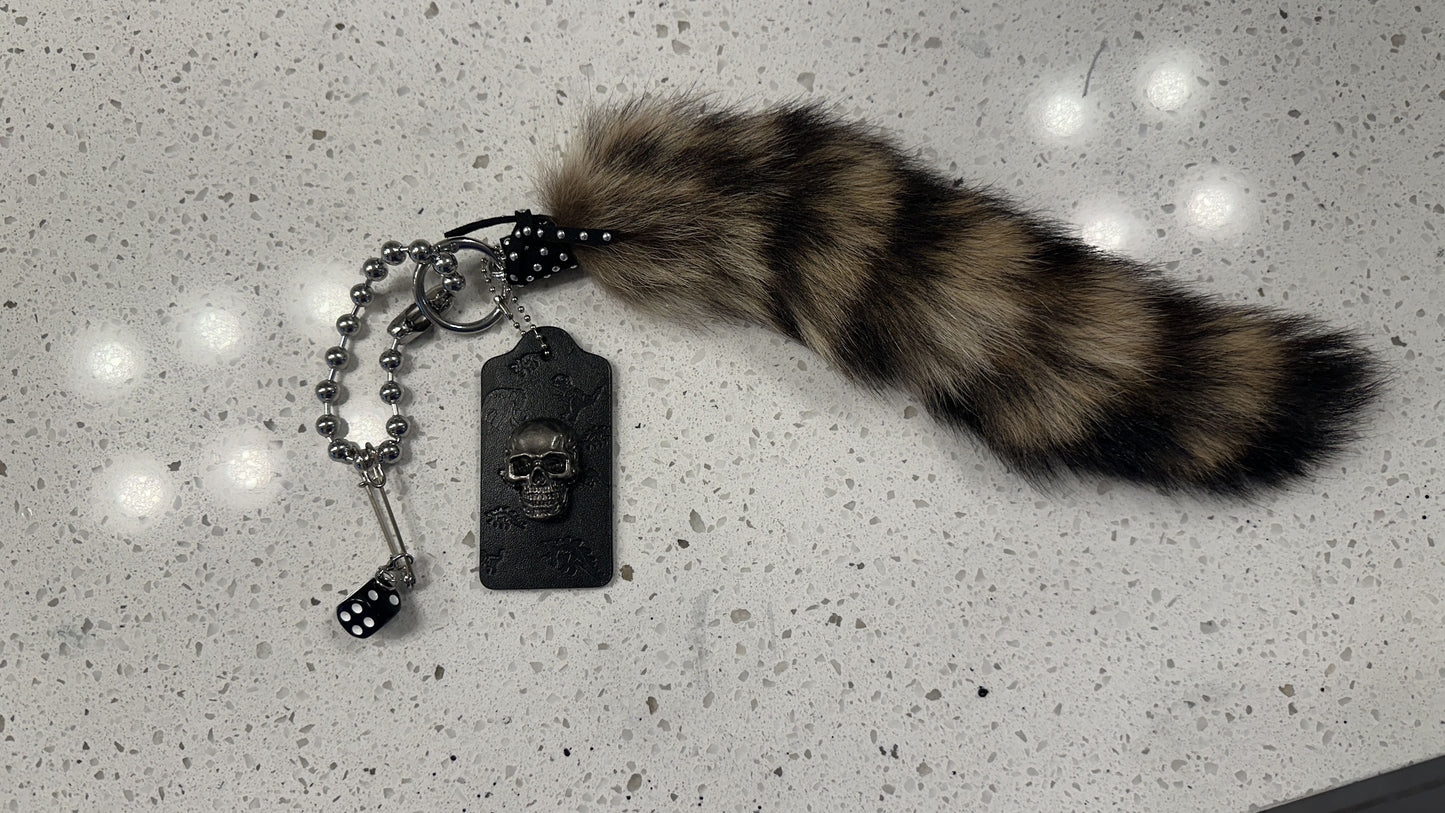 Faux Fur Raccoon Tail & Upcrafted Coach Hangtag Bag Charm Cluster