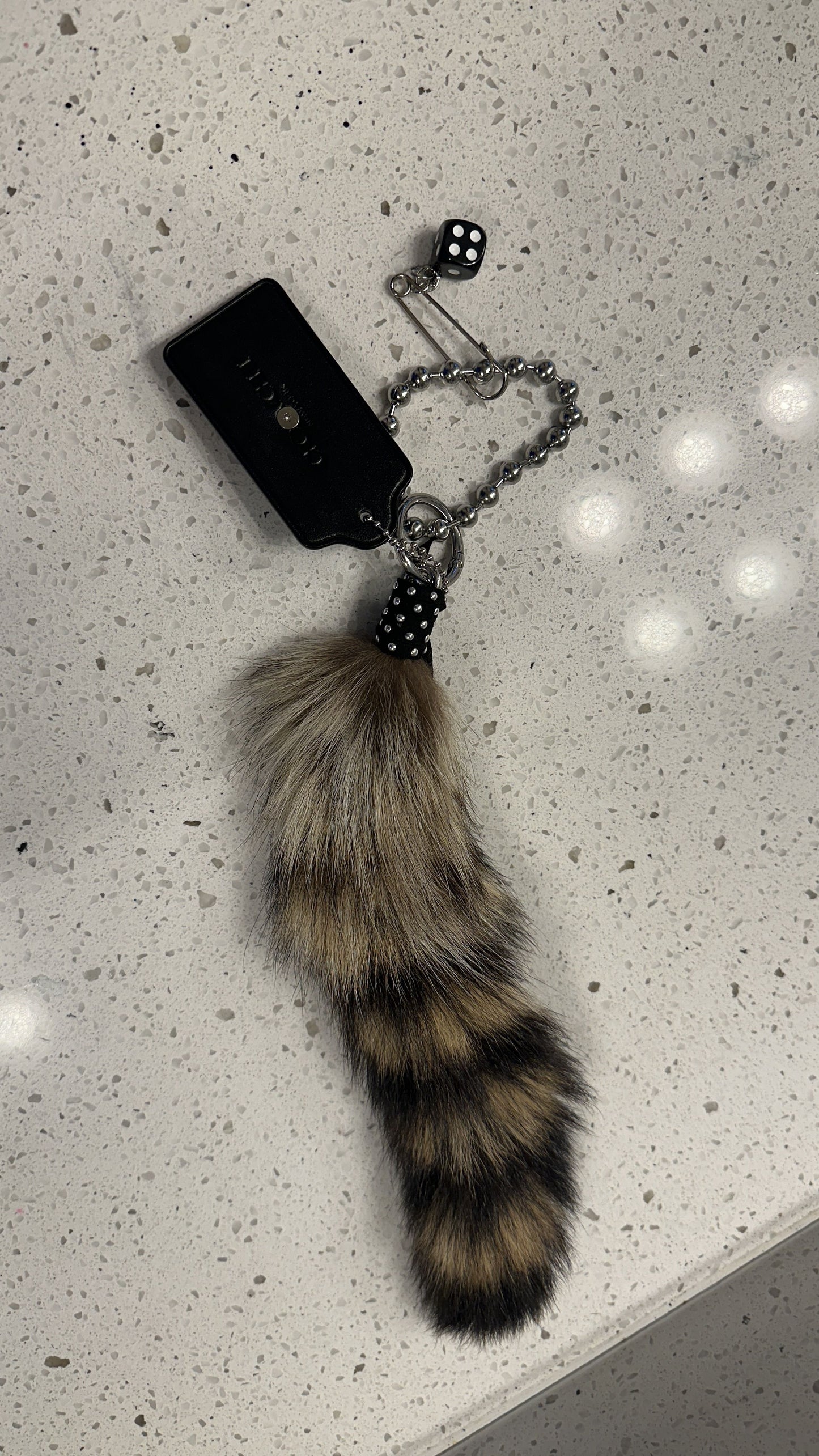 Faux Fur Raccoon Tail & Upcrafted Coach Hangtag Bag Charm Cluster