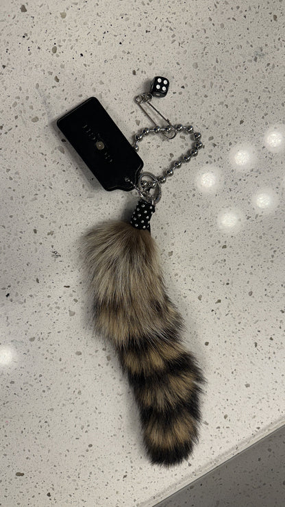 Faux Fur Raccoon Tail & Upcrafted Coach Hangtag Bag Charm Cluster