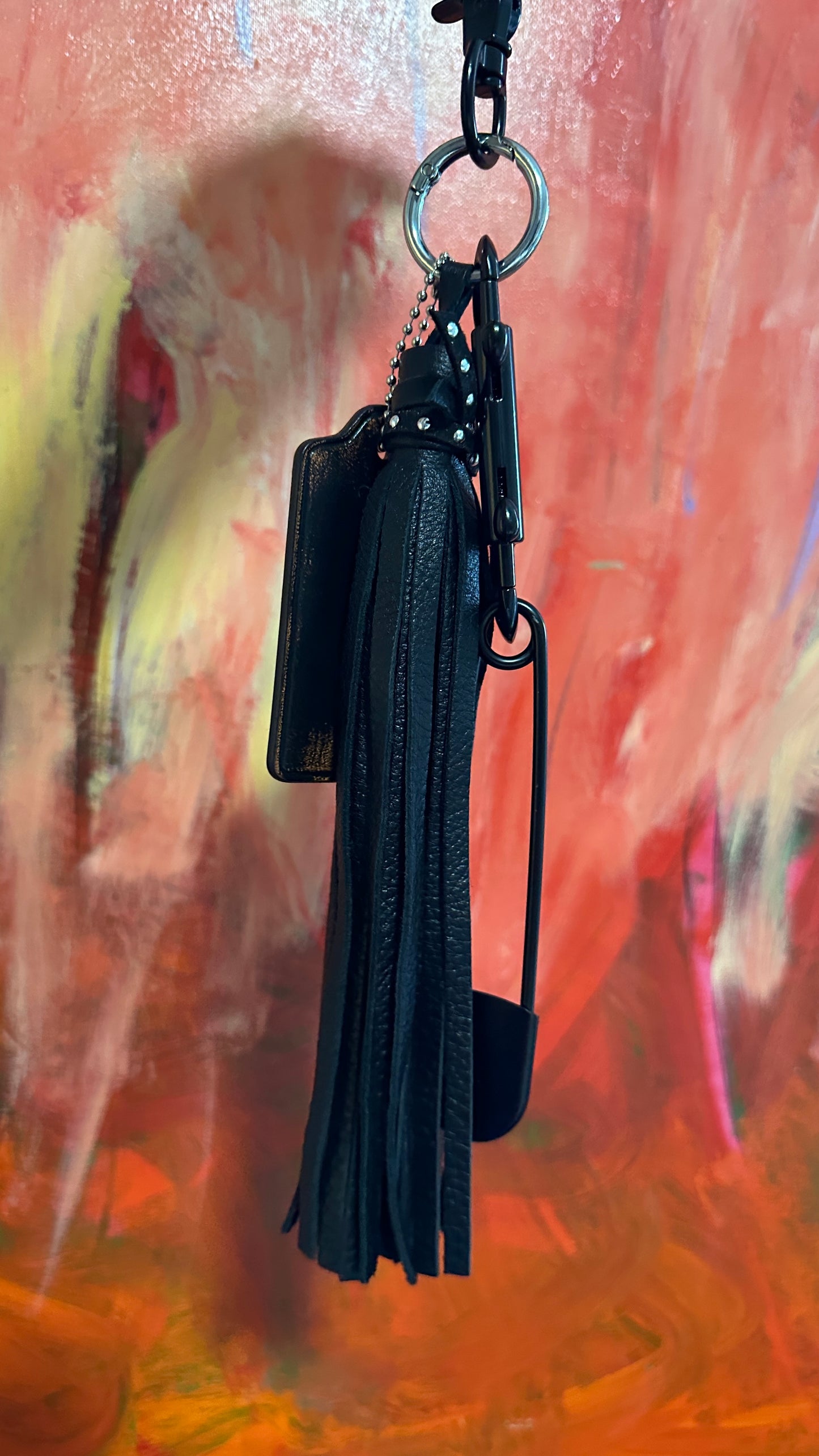 Upcrafted Coach Hangtag, Safety Pin, and Pebbled Leather Tassel Bag Charm Cluster