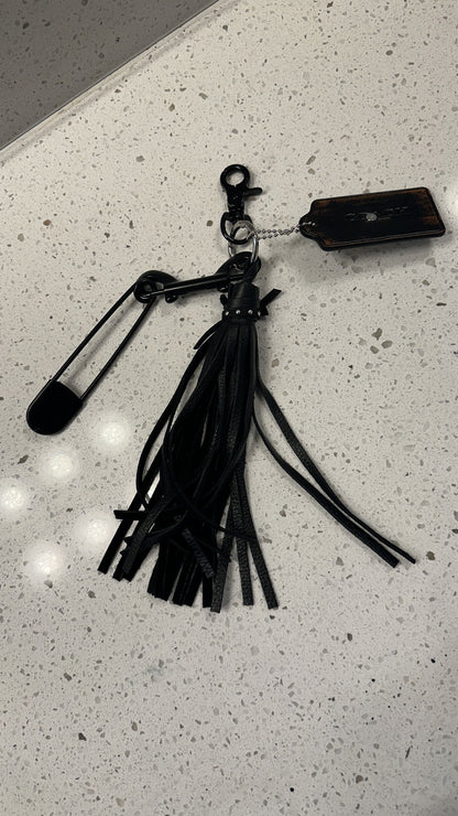Upcrafted Coach Hangtag, Safety Pin, and Pebbled Leather Tassel Bag Charm Cluster