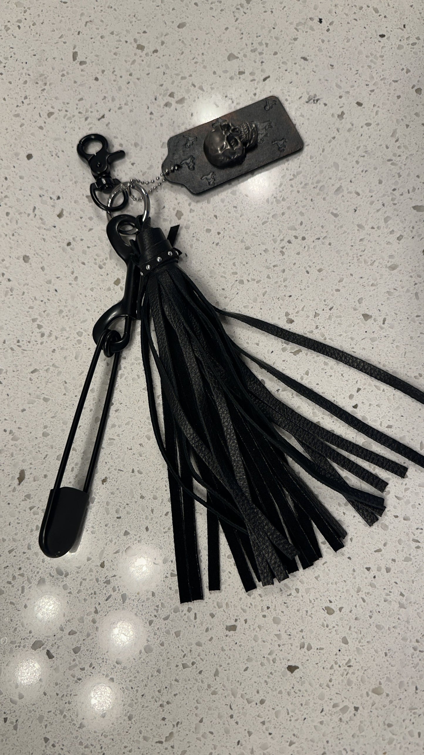 Upcrafted Coach Hangtag, Safety Pin, and Pebbled Leather Tassel Bag Charm Cluster