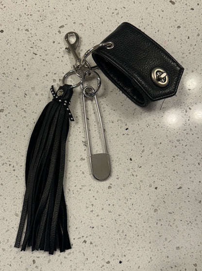 Moto-Inspired Bag Charm Cluster with Repurposed Cuff from a Coach Jacket