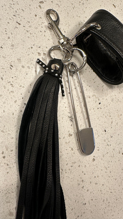 Moto-Inspired Bag Charm Cluster with Repurposed Cuff from a Coach Jacket