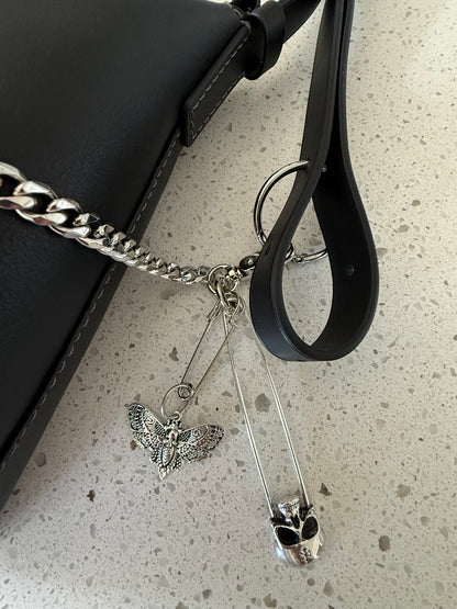 Silver Tone Bag Chain with Skull and Moth Charms - One-of-a-Kind Bag Charm