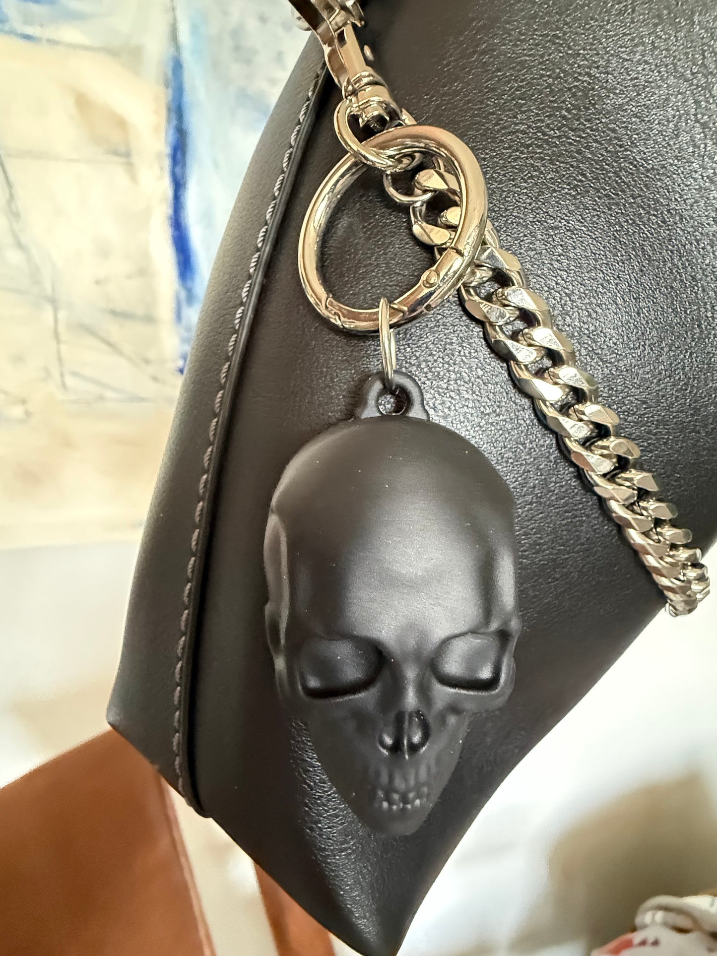 Silver Tone Bag Chain with Skull and Moth Charms - One-of-a-Kind Bag Charm