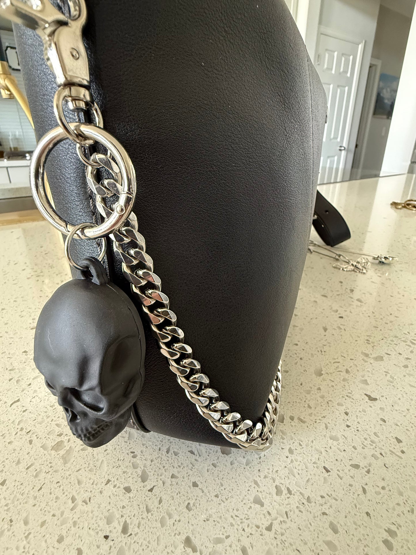 Silver Tone Bag Chain with Skull and Moth Charms - One-of-a-Kind Bag Charm