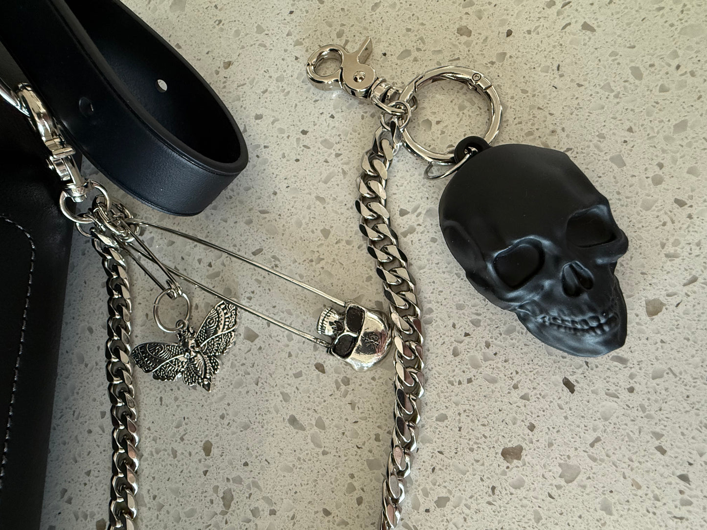 Silver Tone Bag Chain with Skull and Moth Charms - One-of-a-Kind Bag Charm
