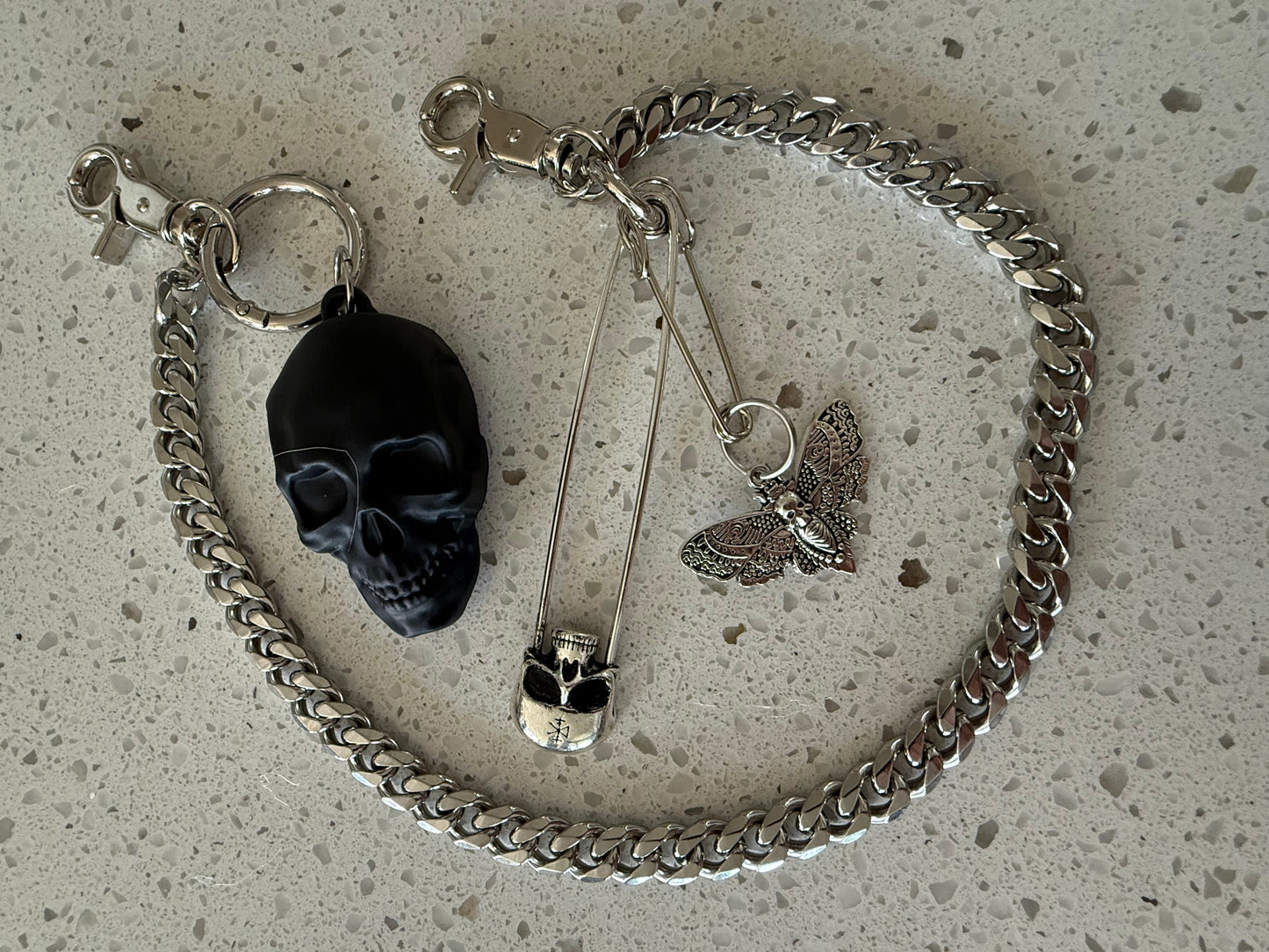 Silver Tone Bag Chain with Skull and Moth Charms - One-of-a-Kind Bag Charm