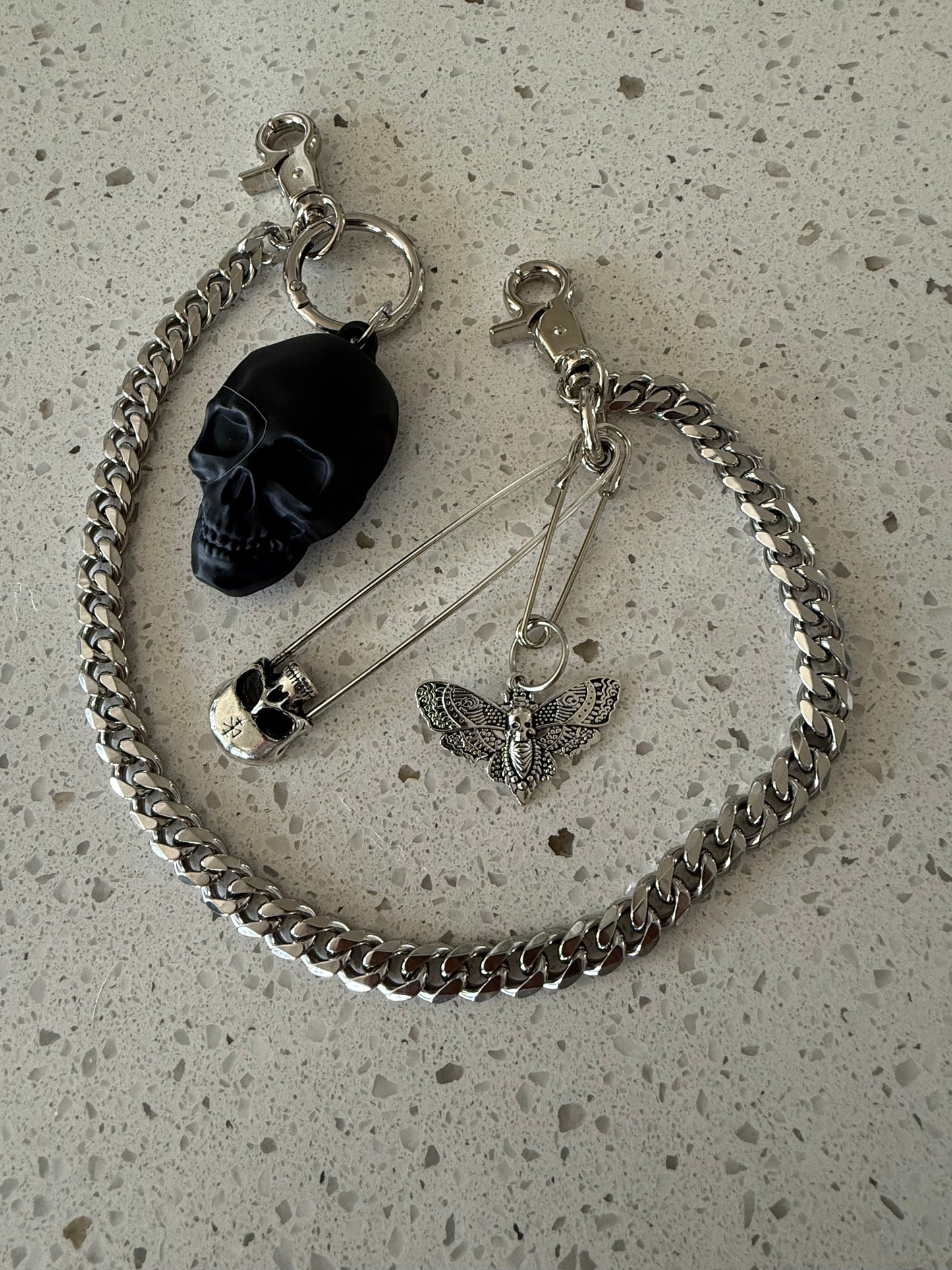 Silver Tone Bag Chain with Skull and Moth Charms - One-of-a-Kind Bag Charm