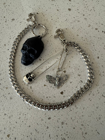 Silver Tone Bag Chain with Skull and Moth Charms - One-of-a-Kind Bag Charm