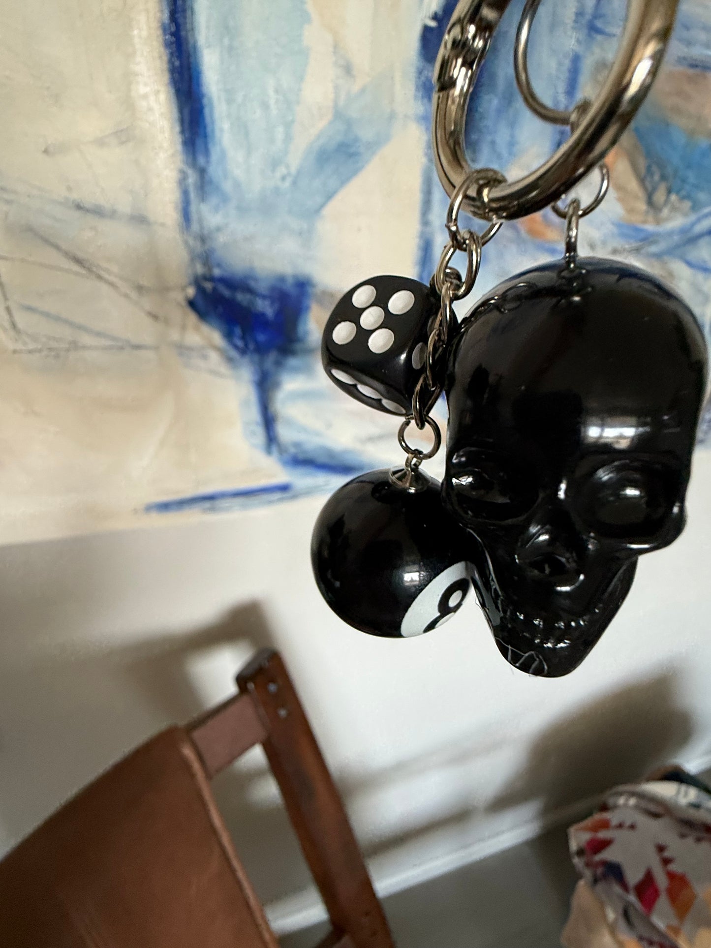 Skull, Die, and Eight Ball Black and Silver Tone Hardware Bag Charm or Key Chain