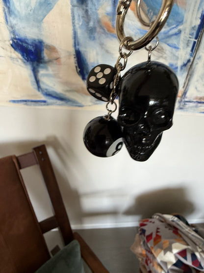 Skull, Die, and Eight Ball Black and Silver Tone Hardware Bag Charm or Key Chain