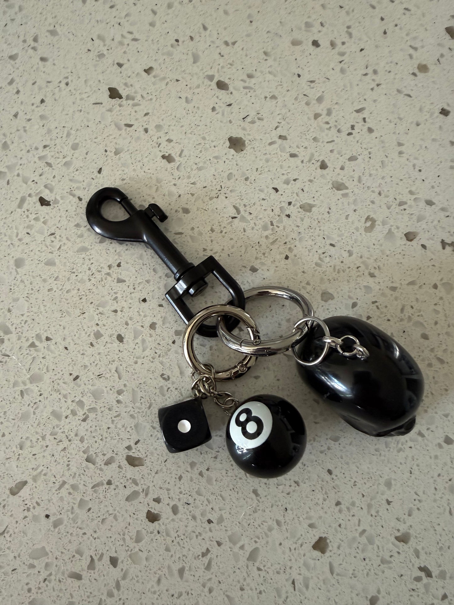 Skull, Die, and Eight Ball Black and Silver Tone Hardware Bag Charm or Key Chain