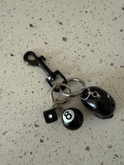 Skull, Die, and Eight Ball Black and Silver Tone Hardware Bag Charm or Key Chain