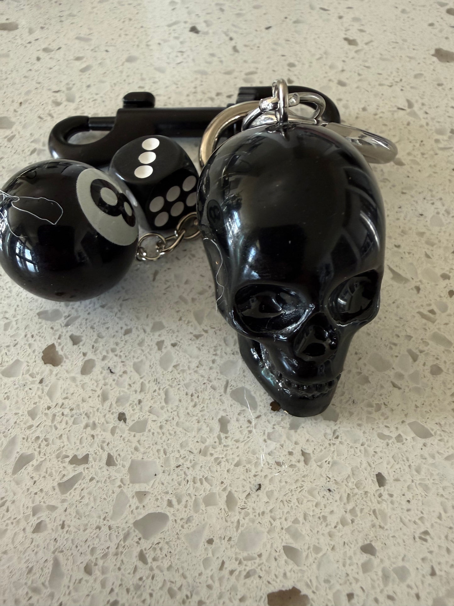 Skull, Die, and Eight Ball Black and Silver Tone Hardware Bag Charm or Key Chain