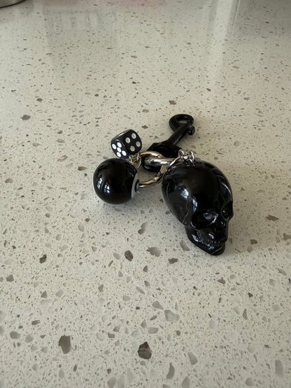 Skull, Die, and Eight Ball Black and Silver Tone Hardware Bag Charm or Key Chain