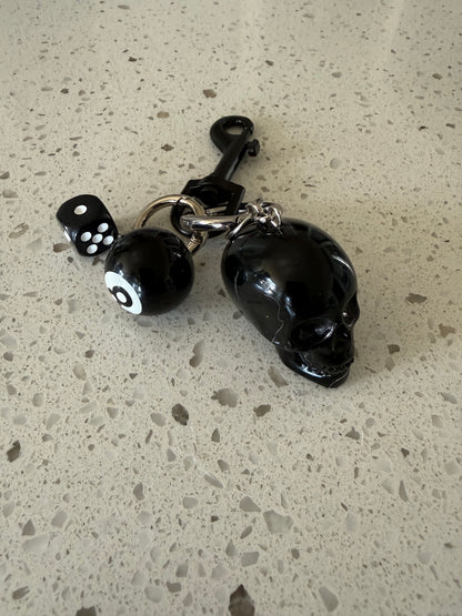 Skull, Die, and Eight Ball Black and Silver Tone Hardware Bag Charm or Key Chain