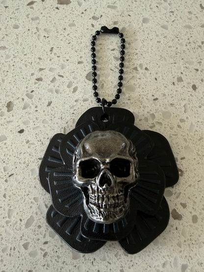 Repurposed Coach Leather Tea Roses with Metal Skull Rivet Bag Charm