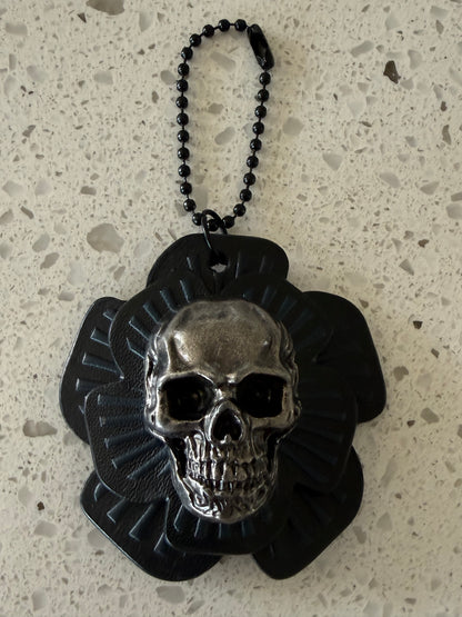 Repurposed Coach Leather Tea Roses with Metal Skull Rivet Bag Charm