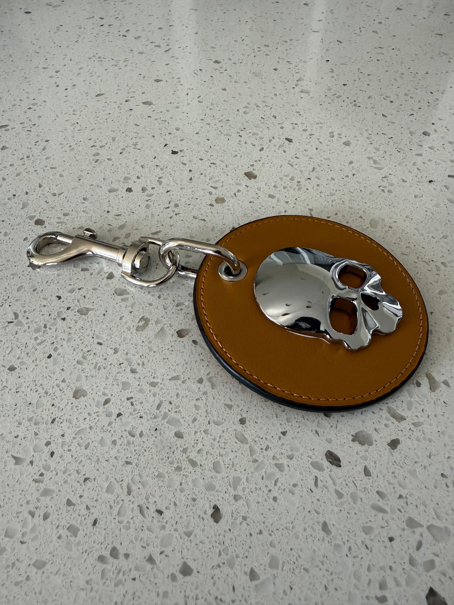Repurposed Coach Coaster Bag Charm Gold/Yellow with Silver Tone Skull