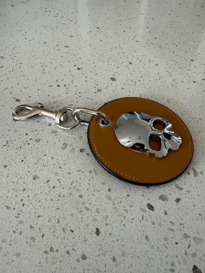 Repurposed Coach Coaster Bag Charm Gold/Yellow with Silver Tone Skull