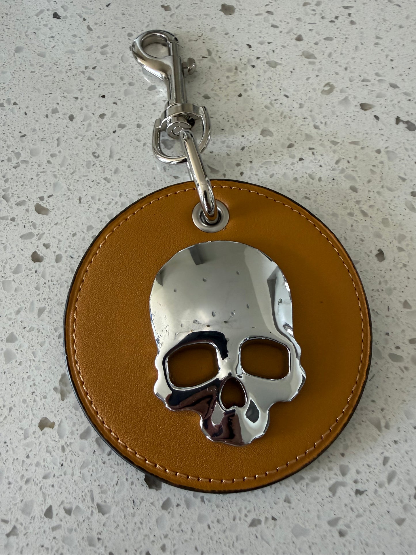 Repurposed Coach Coaster Bag Charm Gold/Yellow with Silver Tone Skull
