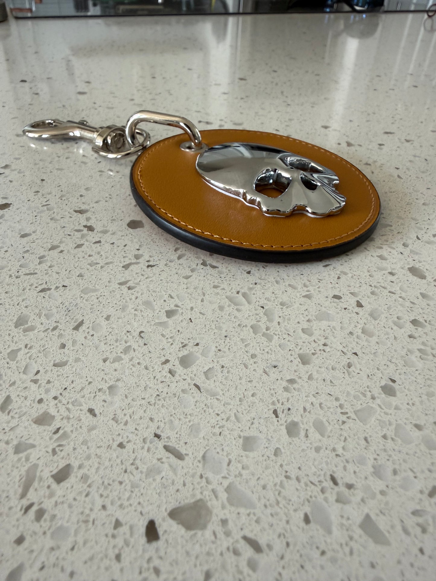 Repurposed Coach Coaster Bag Charm Gold/Yellow with Silver Tone Skull