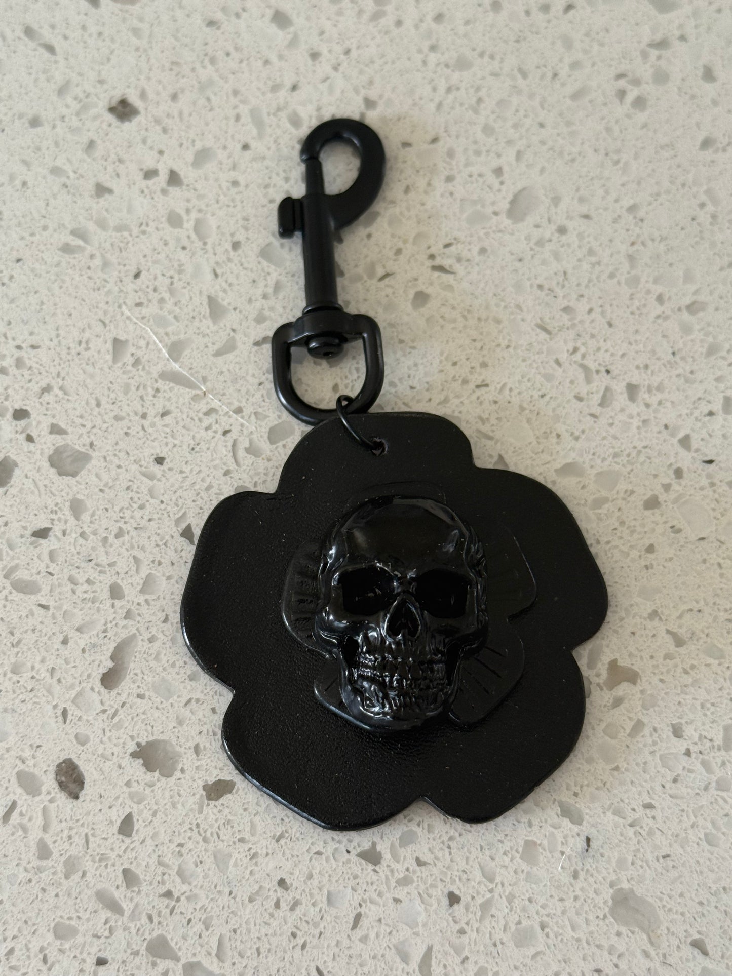 Repurposed Coach Leather Tea Rose & Skull Bag Charm