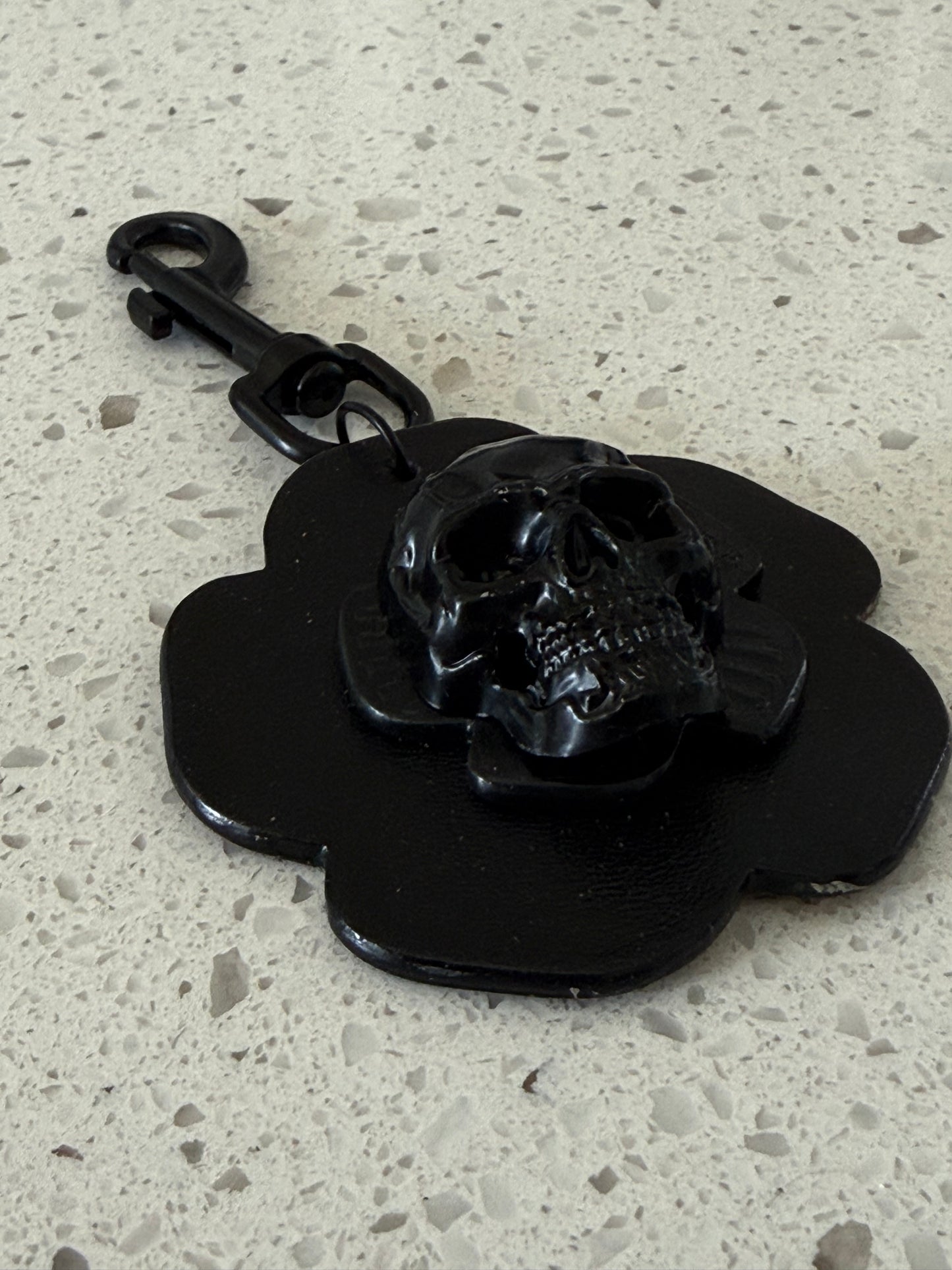 Repurposed Coach Leather Tea Rose & Skull Bag Charm