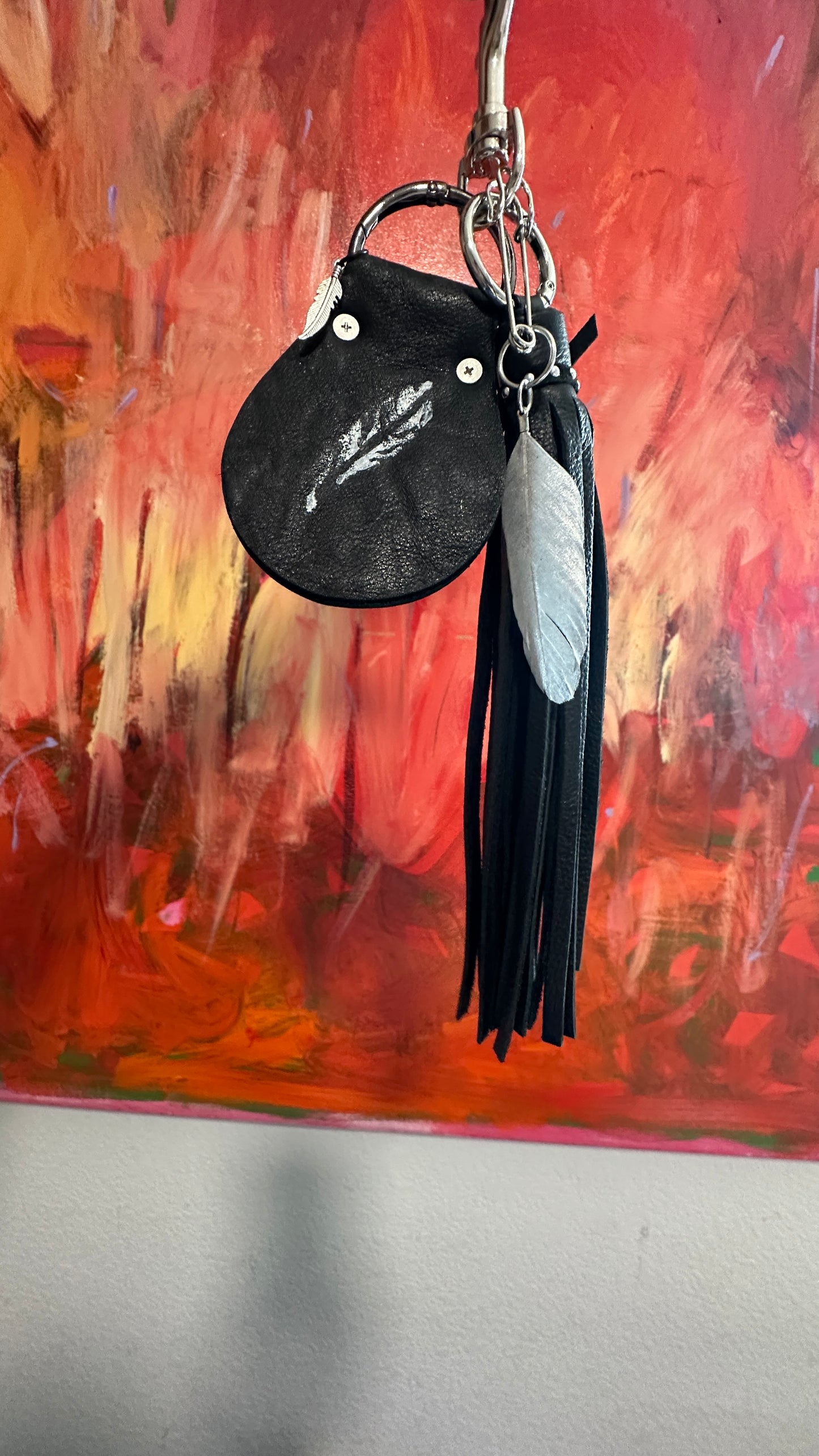 Handmade Leather Tassel & Feather Bag Charm Cluster | Silver Tone Hardware