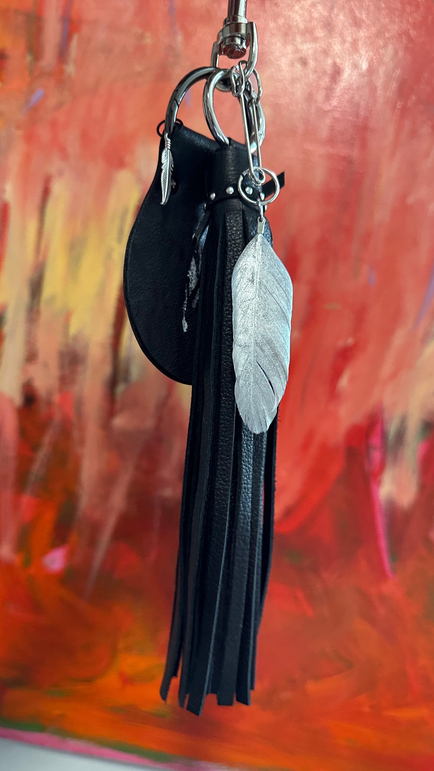 Handmade Leather Tassel & Feather Bag Charm Cluster | Silver Tone Hardware