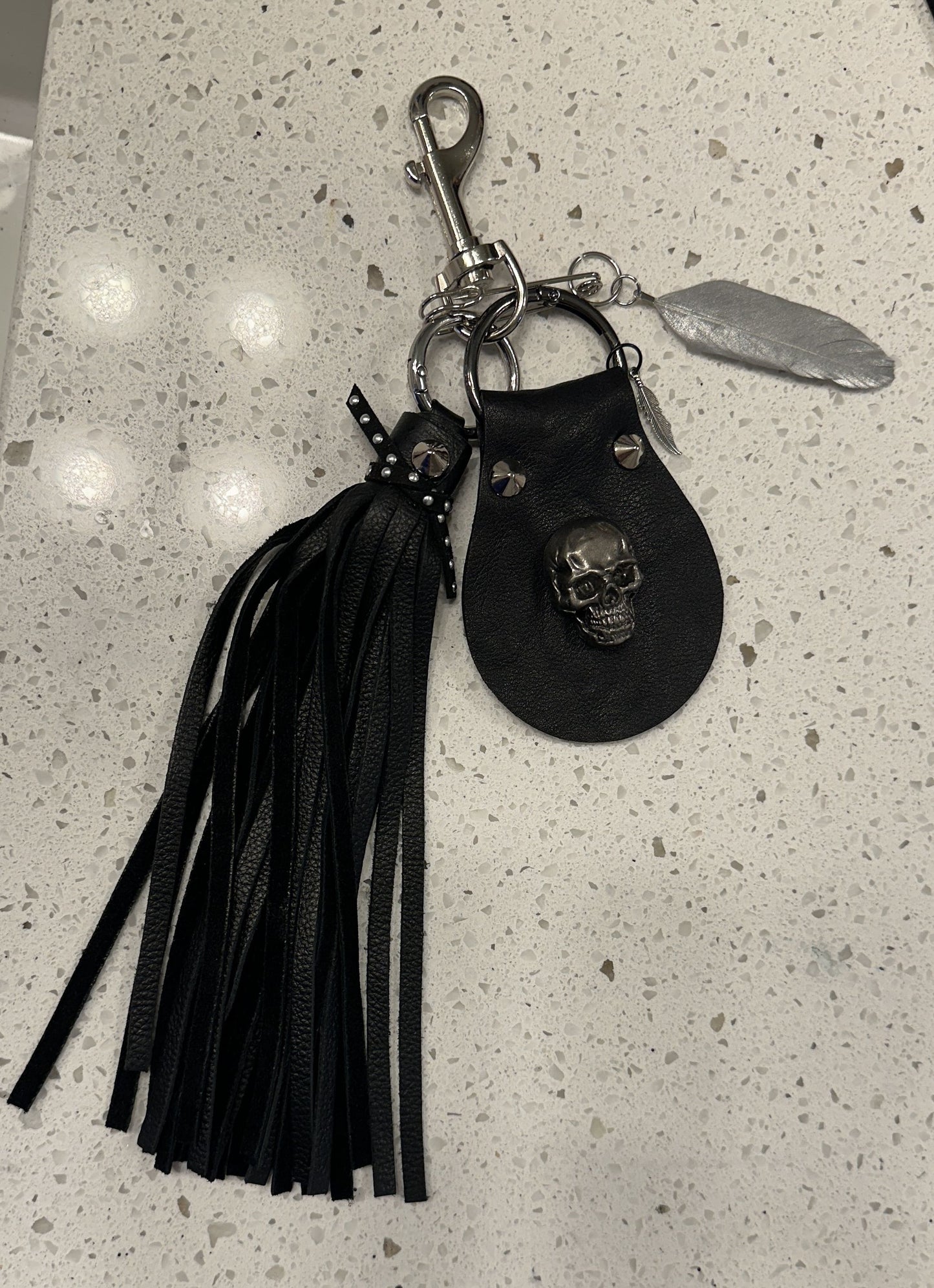 Handmade Leather Tassel & Feather Bag Charm Cluster | Silver Tone Hardware