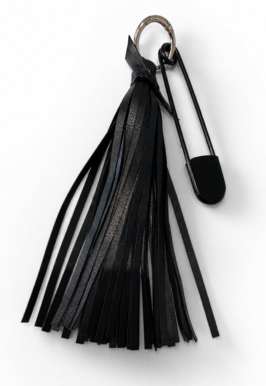 Handmade Vegan Leather Tassel Bag Charm | Black | Gold Tone Hardware | XL Black Safety Pin